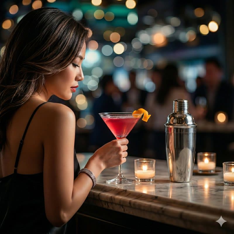A Cosmopolitan cocktail made with Silverton Vodka and Üla Orange Liqueur, served in a chilled Martini glass with a lime twist