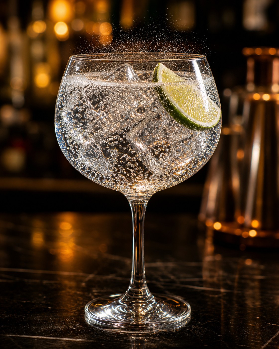 Gin and Tonic in a tall glass packed with large ice, garnished with a fresh lime wedge, condensation beading on the glass
