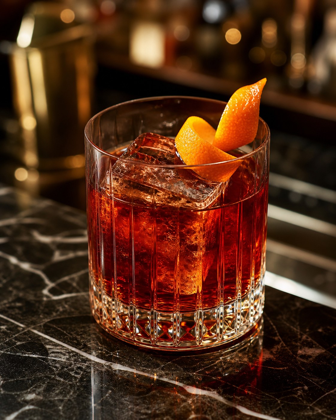 Negroni cocktail in a cut-crystal rocks glass with a single large ice cube and an expressed orange peel garnish, brass shaker behind on a dark marble bar