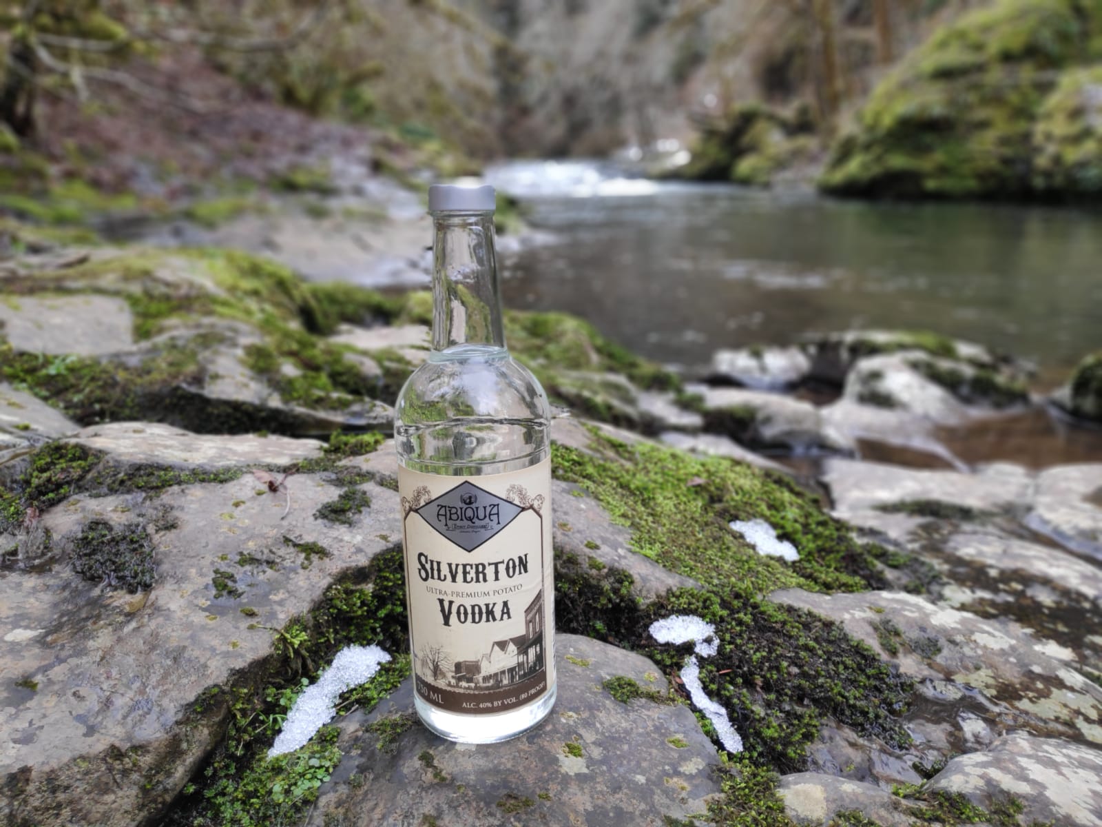 Silverton Vodka bottle on mossy rocks beside Abiqua Creek