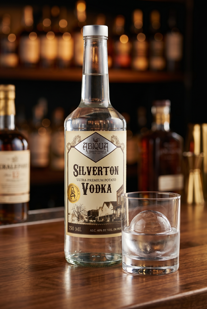 Silverton Vodka bottle on bar with rocks glass