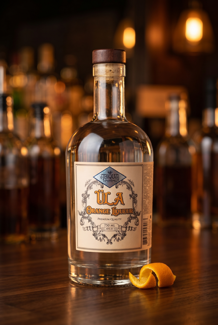 Ula Orange Liqueur bottle with orange peel twist on bar